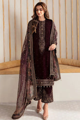 QN902-Winter Velvet Unstitched 3PCs Embroidered Dress With Organza Dupatta
