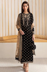 QN1114-Velvet Winter Embroidered 3 Piece Dress With Organza embroidered Dopata