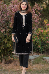 QN409-WINTER Velvet Embroidered Dress With Organza embroidered Dopata