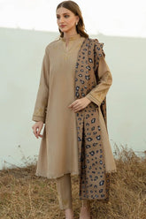 QN958-WINTER 3PC Dhanak Embroidered suit with Printed Shawll