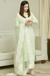 QN001 -Pista- 3PC Lawn Heavy Embroidered Shirt With Organza Embroidered Dupatta