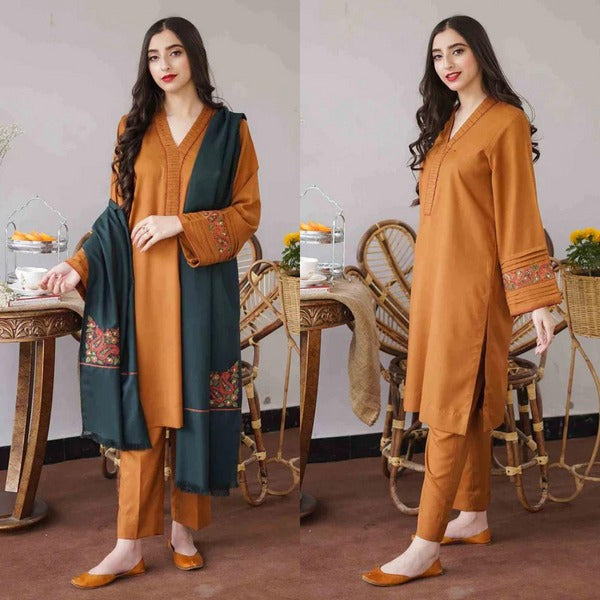 QN400 WINTER 3PC Dhanak suit with Embroidered Shawll - Qirat Noman