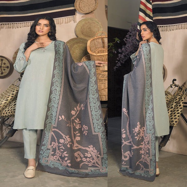 QN809 Winter Nishat Orange Linen Plain three piece With Printed Karandi Shawll - Qirat Noman