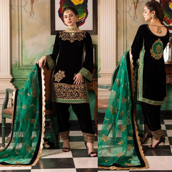 QN551 Velvet Winter Embroidered 3 Piece Dress With Organza embroidered Dopata - Qirat Noman