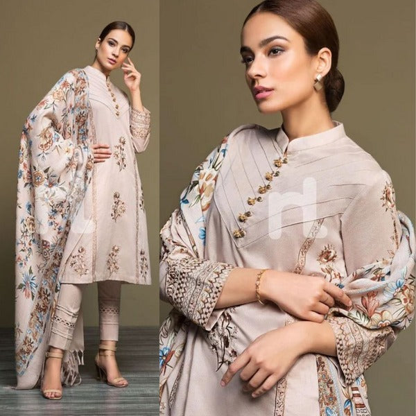 QN589 WINTER 3PC Dhannak Embroidered suit with Printed Shawll - Qirat Noman