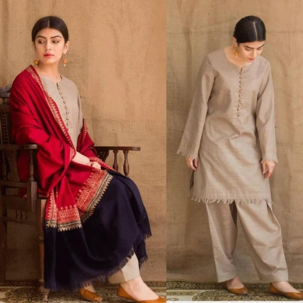 QN545 WINTER 3PC khaddar suit with Embroidered Shawll - Qirat Noman