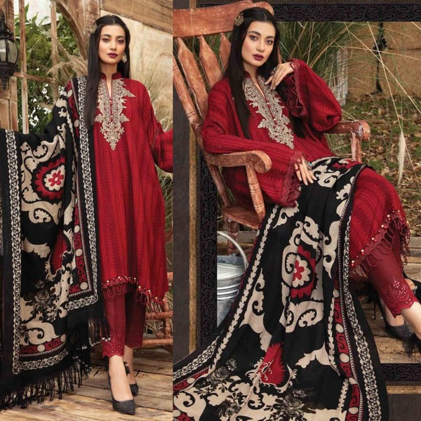 QN412 WINTER 3PC Dhannak Embroidered suit with Printed Shawll - Qirat Noman