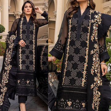 QN134 - 3 Piece Summer Unstitched Heavy Embroidered Lawn Suit With Heavy Embroidered Organza Dupatta