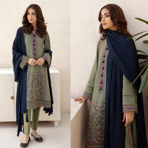 QN550 3pc Winter Embroidered khaddar Shirt With Bumble Wool Shawll - Qirat Noman