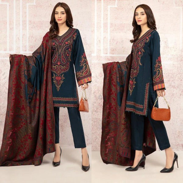 QN582 WINTER 3PC Khaddar Embroidered Suit with Printed Wool Shawll - Qirat Noman