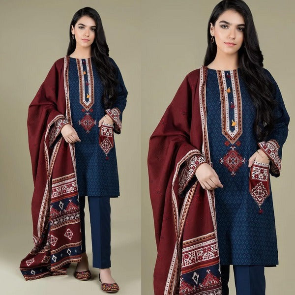 QN416 WINTER 3PC Linen Embroidered suit with Printed Shawll - Qirat Noman