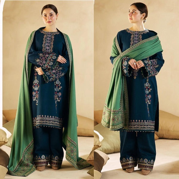 QN590 Winter 3Pc Embroidered Dhanak Suit with Heavy Embroidered Dhanak Shawll - Qirat Noman