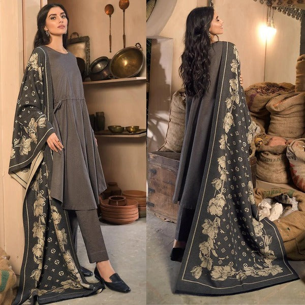 QN552 3 Piece Winter Dhanak Suit with digital printed wool shawll - Qirat Noman