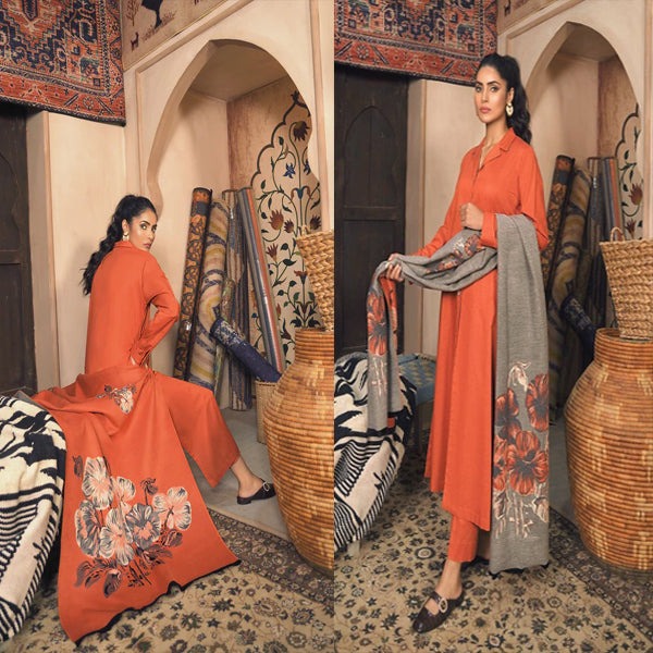 QN812 WINTER Nishat Orange Linen Plain three piece With Printed Karandi Shawll - Qirat Noman