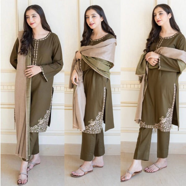 QN612 WINTER 3PC Dhanak suit with Embroidered Shawll - Qirat Noman