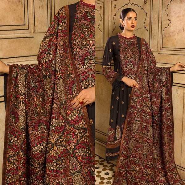 QN546 WINTER 3 Pc Embroidered Dhanak Suit with Heavy Embroidered Dhanak Shawll - Qirat Noman