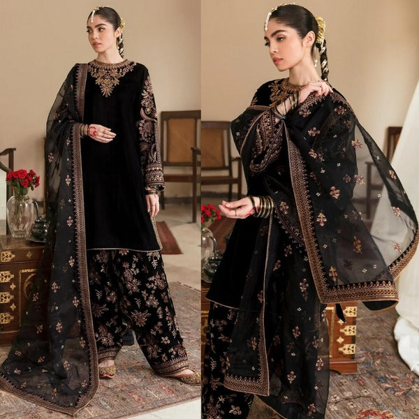 QN563 Winter Embroidered Velvet Dress With Organza embroidered Dopata - Qirat Noman