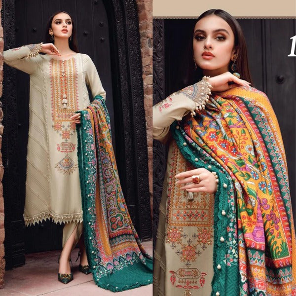 QN539 WINTER 3PC Dhannak Embroidered suit with Printed Shawll - Qirat Noman