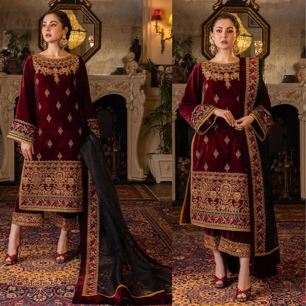 QN556 Velvet Winter Embroidered 3 Piece Dress With Organza embroidered Dopata - Qirat Noman