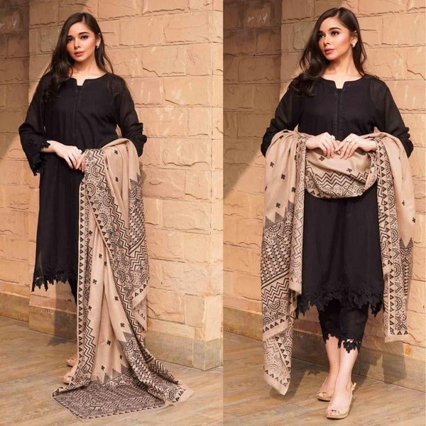 QN557 3PC Dhannak Winter Embroidered suit with Printed Shawll - Qirat Noman