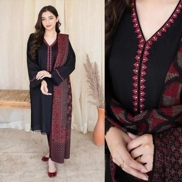 QN628 Winter 3PCs Dhanak Embroidered Dress With Dhanak Embroidered Shawl - Qirat Noman