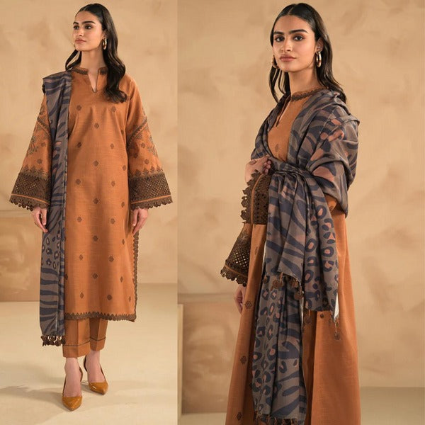 QN631 WINTER 3PC Dhannak Embroidered suit with Printed Shawll - Qirat Noman