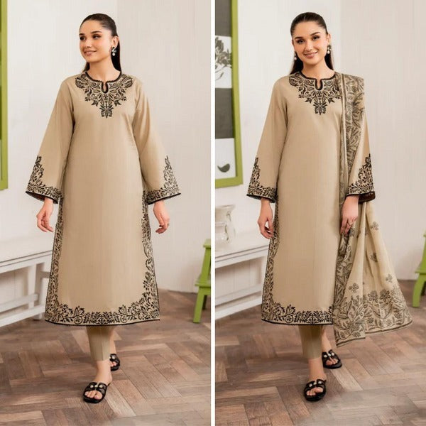 QN807 WINTER 3PC Dhannak Embroidered suit with Printed Shawll - Qirat Noman