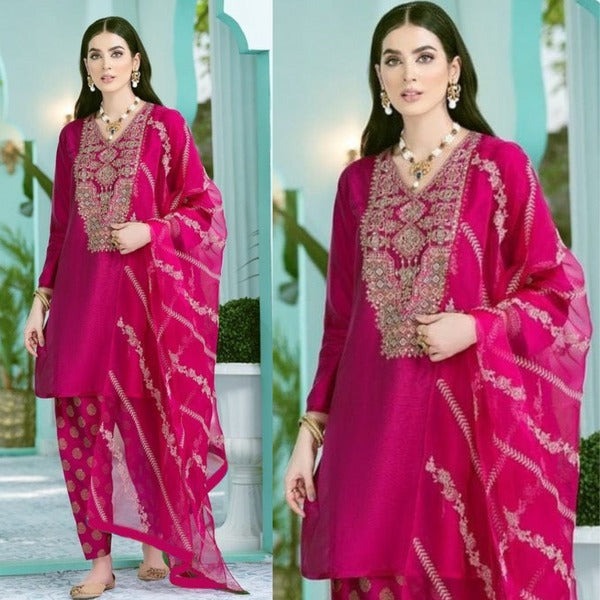 QN024 Embroidered 3pc Summer Lawn Dress With Chiffon Embroidered Dupatta - Qirat Noman