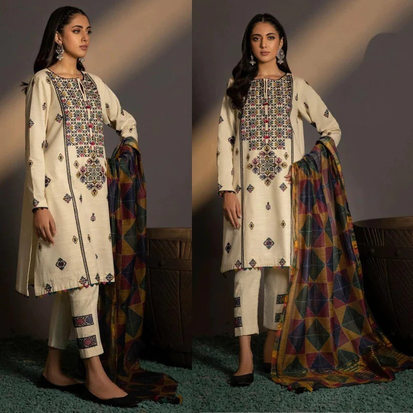 QN584 WINTER 3PC Khaddar Embroidered Suit with Printed Wool Shawll - Qirat Noman