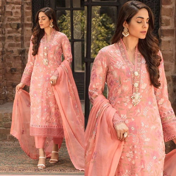 QN009 Bareeze Embroided 3pc Summer Lawn dress with embroidered chiffon dupatta - Qirat Noman