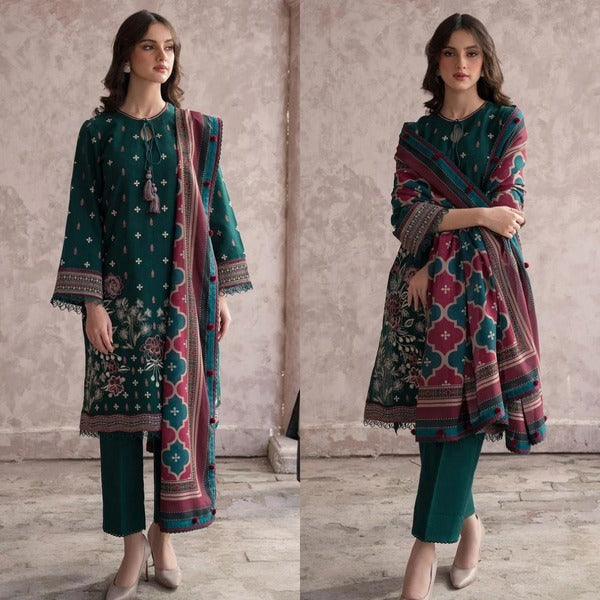 QN625 WINTER 3PC Dhannak Embroidered suit with Printed Shawll - Qirat Noman