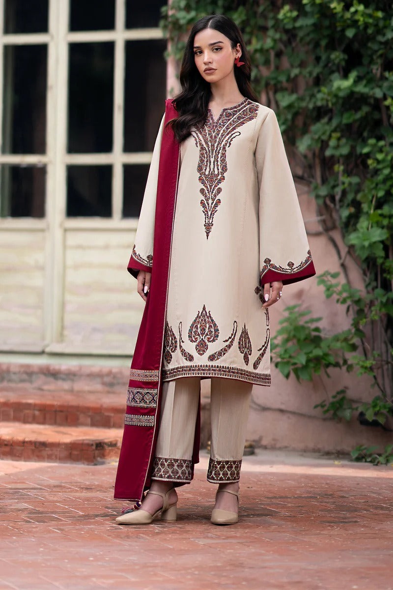 QN817 Winter 3PC Dhannak Embroidered suit with Printed Shawll - Qirat Noman