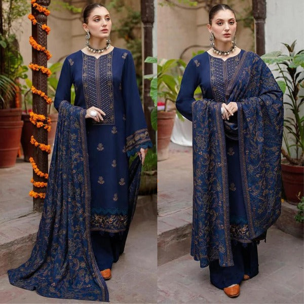 QN609 WINTER 3PC Embroidered Shirt With Heavy Embroidered Dhanak Shawl - Qirat Noman