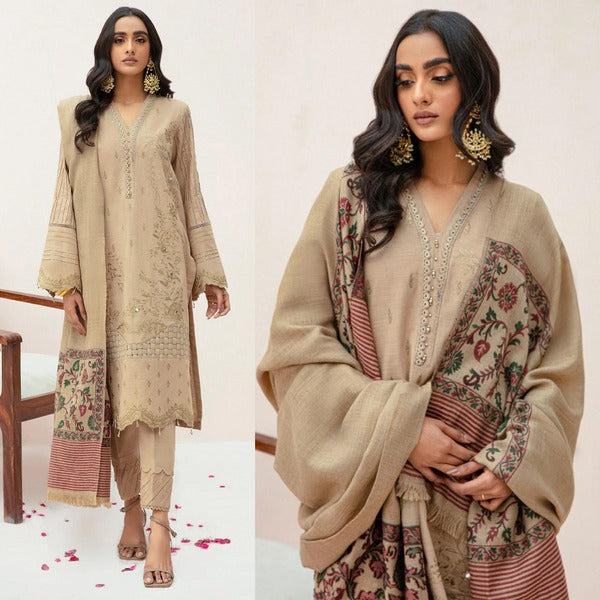 QN574 WINTER 3PC Dhannak Embroidered suit with Printed Shawll - Qirat Noman