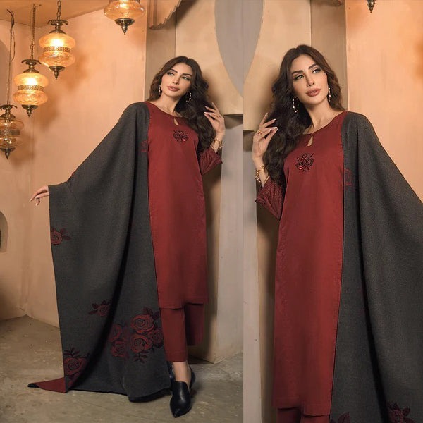 QN811 Winter Nishat Linen Plain three piece With Printed Karandi Shawll - Qirat Noman