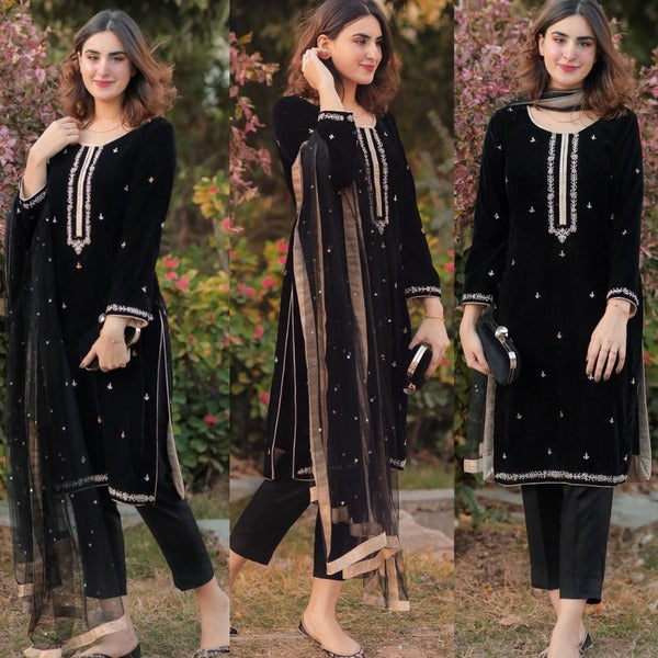 QN409 WINTER Velvet Embroidered Dress With Organza embroidered Dopata - Qirat Noman