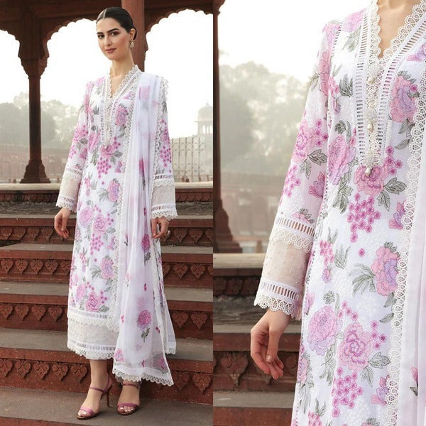 QN019 Bareeze Embroided 3pc Summer lawn dress with embroidered chiffon dupatta - Qirat Noman