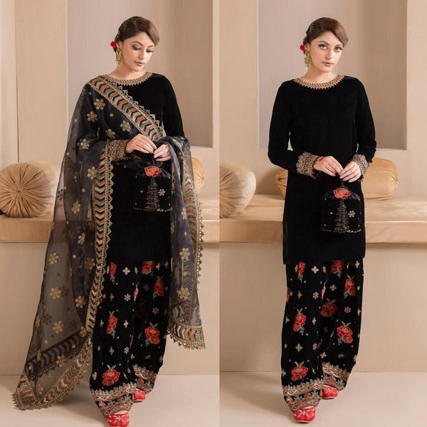 QN577 Embroidered Winter Velvet Dress With Organza embroidered Dopata - Qirat Noman