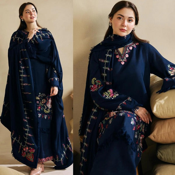 QN601 WINTER 3Pc Embroidered Dhanak Suit with Heavy Embroidered Dhanak Shawll - Qirat Noman