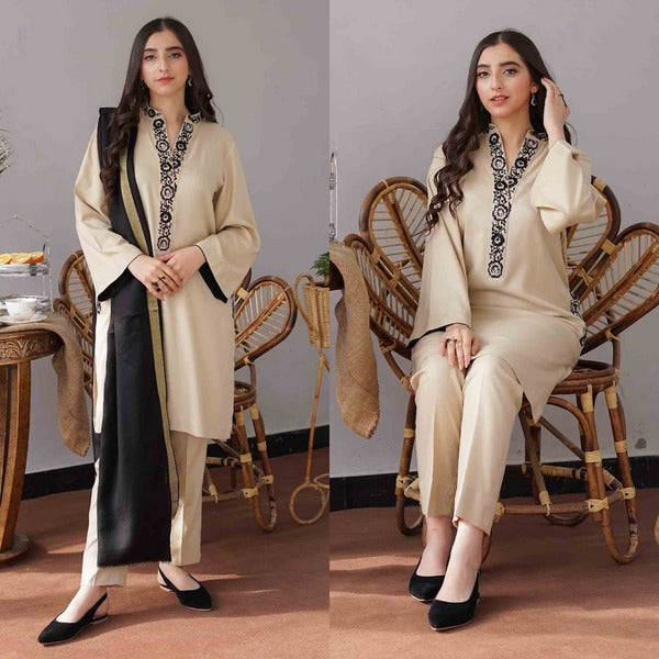 QN407 WINTER 3PC Dhanak suit with Embroidered Shawll - Qirat Noman