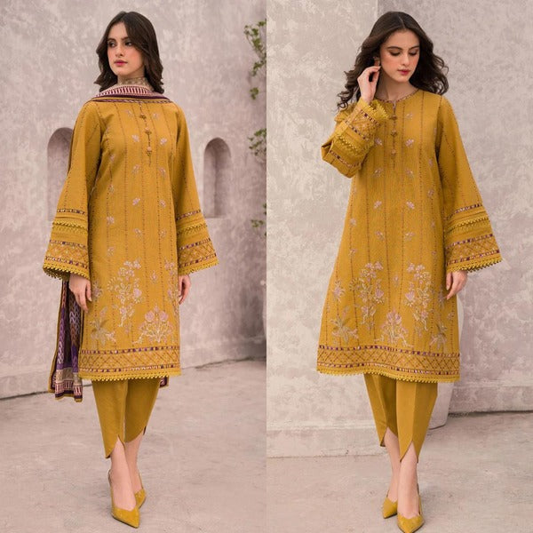 QN618 WINTER 3PC Dhannak Embroidered suit with Printed Shawll - Qirat Noman