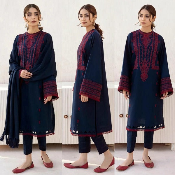 QN576 WINTER 3pc Winter Embroidered Dhanak Shirt With Bumble Wool Shawll - Qirat Noman