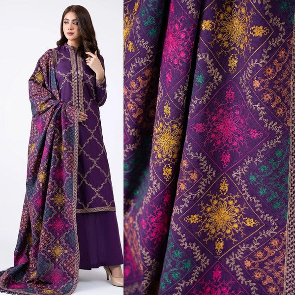 QN603 WINTER 3Pc Embroidered Dhanak Suit with Heavy Embroidered Dhanak Shawll - Qirat Noman