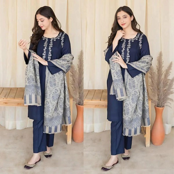 QN627 3PC Winter Dhannak Embroidered suit with Printed Shawll - Qirat Noman