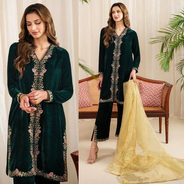 QN630 WINTER Velvet Embroidered Dress With Organza embroidered Dopata - Qirat Noman