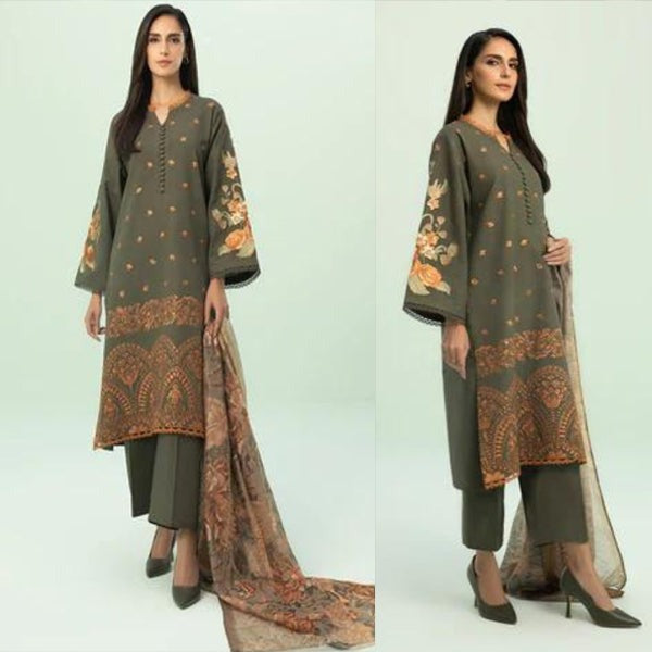 QN588 Winter 3PCs Dhanak Embroidered Dress With Dhanak Printed Shawl - Qirat Noman