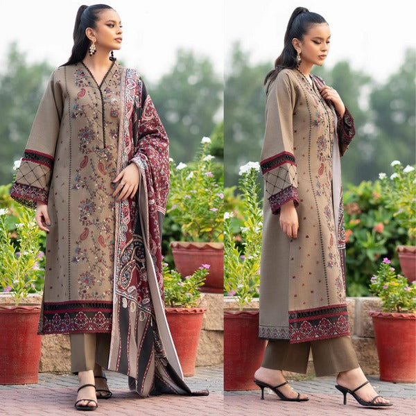 QN617 WINTER 3PC Dhannak Embroidered suit with Printed Shawll - Qirat Noman