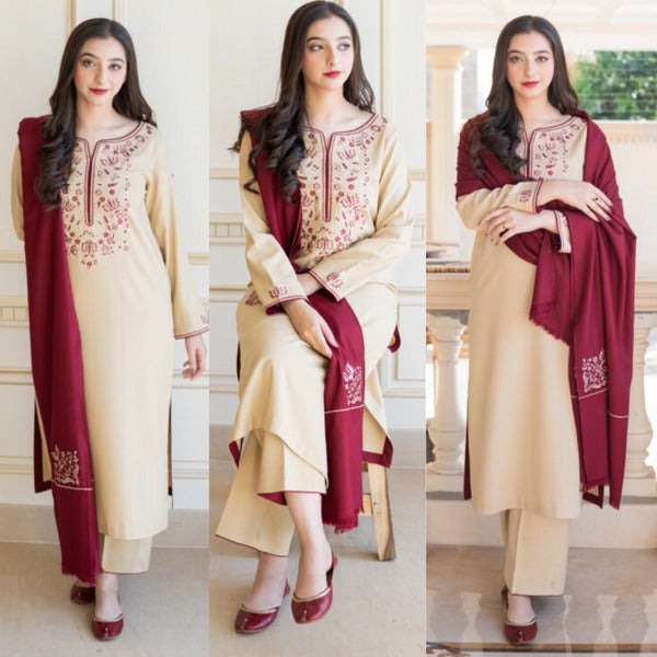 QN614 WINTER 3PC Dhanak suit with Embroidered Shawll - Qirat Noman