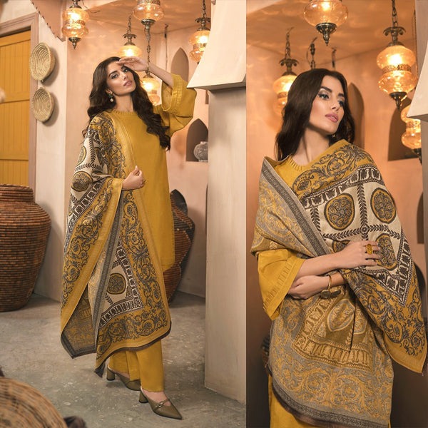 QN810 Winter Nishat Mustard Linen Plain three piece With Printed Karandi Shawll - Qirat Noman