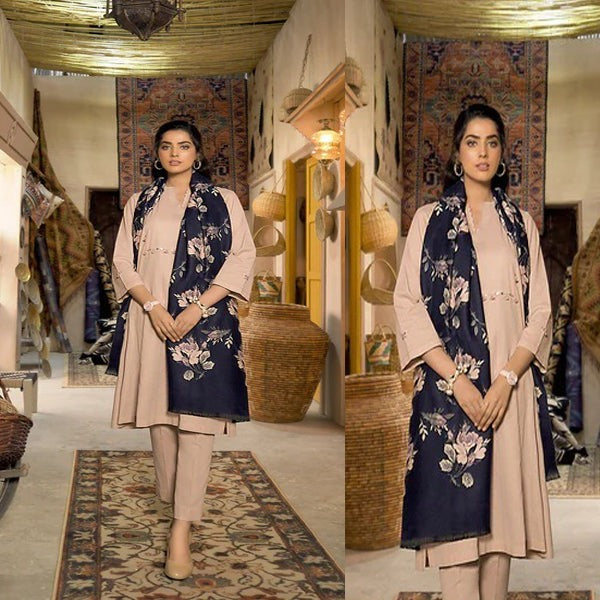 QN808 Winter Nishat Skin Linen Plain three piece With Printed Karandi Shawll - Qirat Noman